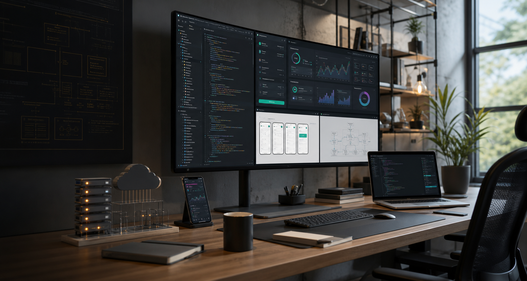 Professional software workspace with application planning materials